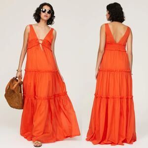 Nicholas Myla Dress Silk Blend Sleeveless V-Neck Ruffle Tiered Maxi Orange 12